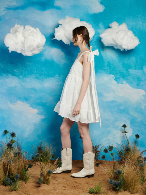 ワンピース Horseback Bow Mini Dress sisterjane Sister Jane Horseback Dress - White Bow Dress - Swiss Dot