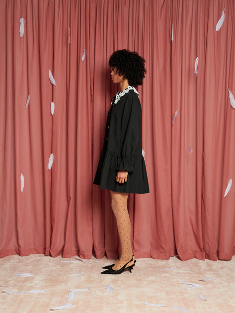sister jane oversized collar corsage mini dress in black Sister Jane oversized collar jacquard smock mini dress in black