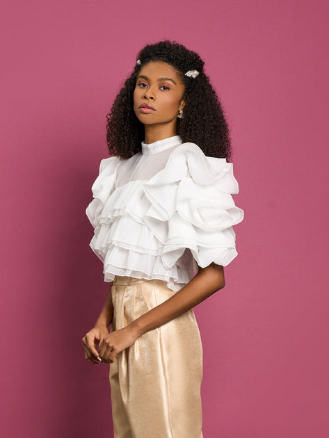 White Organza Ruffle Top and Pink Skirt