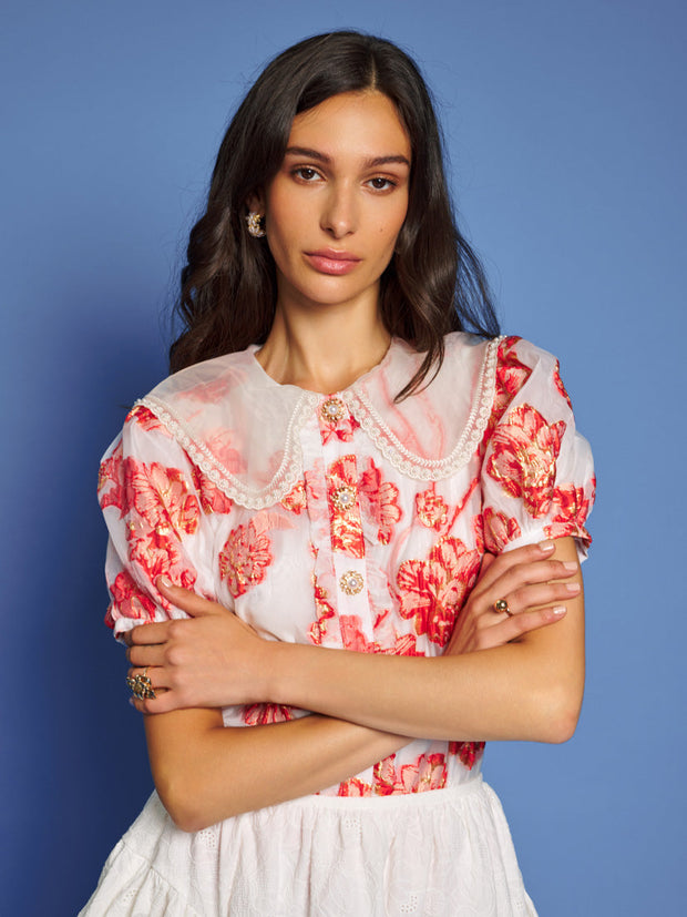 Willa Jacquard Blouse Coral Red / Z