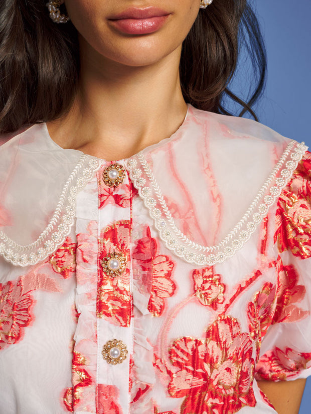 Willa Jacquard Blouse Coral Red / Z
