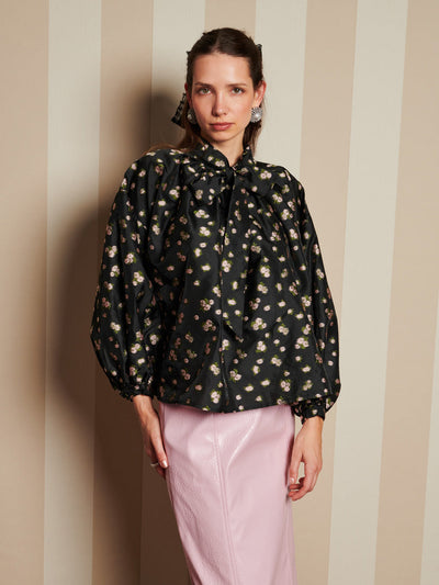 Tea Rose Jacquard Bow Blouse Coal Black / Z