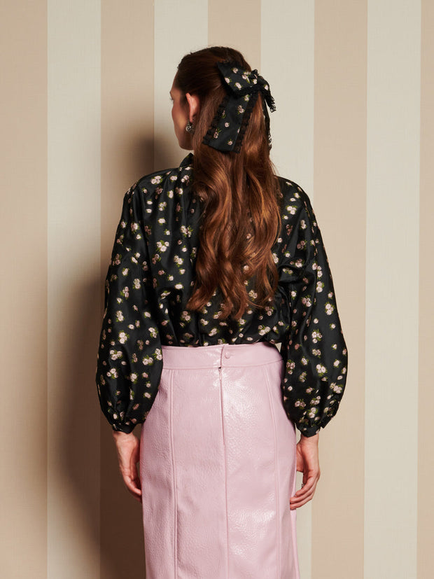 Tea Rose Jacquard Bow Blouse Coal Black / Z