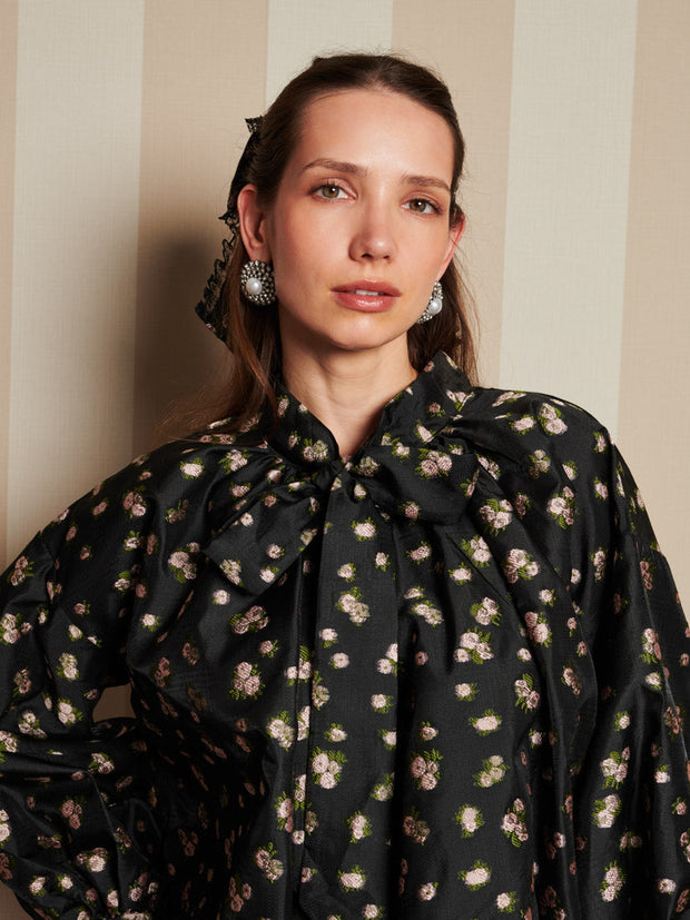 Tea Rose Jacquard Bow Blouse Coal Black / Z