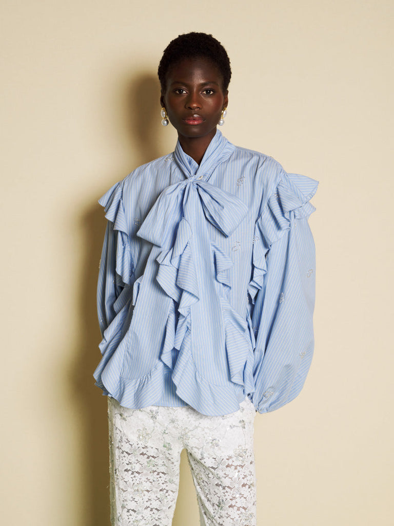 <b> < b> Fresco Stripe Bow Blouse
