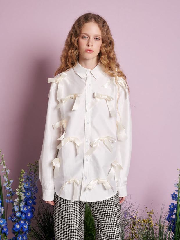 Snowdrop Satin Bow Shirt Pearled White / Z