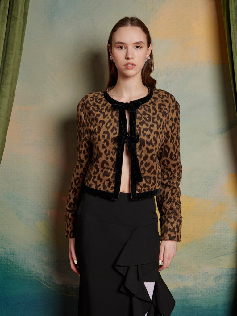 Collarless flap pocket leopard printed cardigans best sale