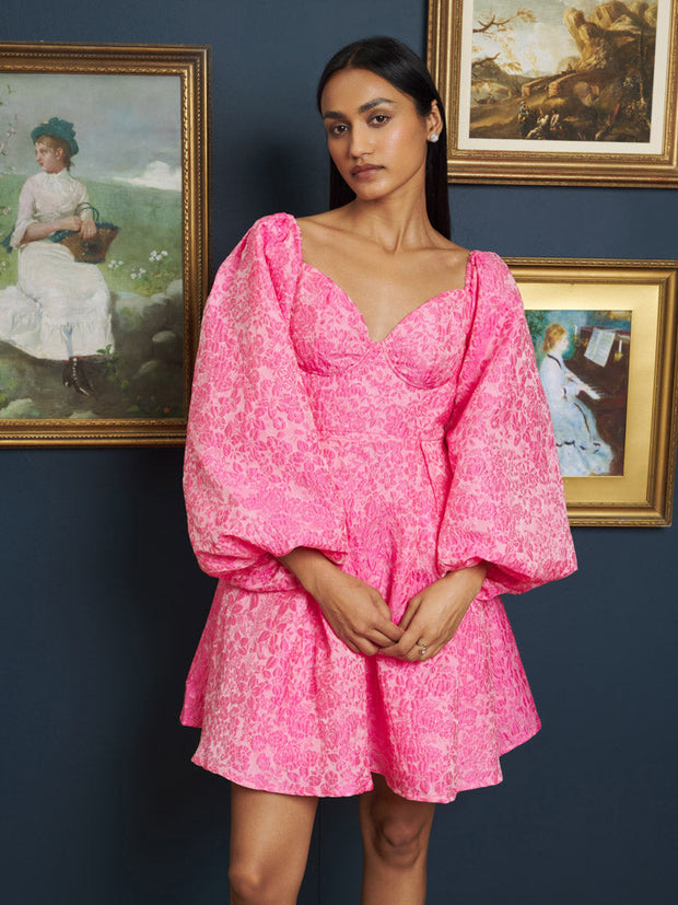 Priyanka Short Sleeve Floral Jacquard Dress