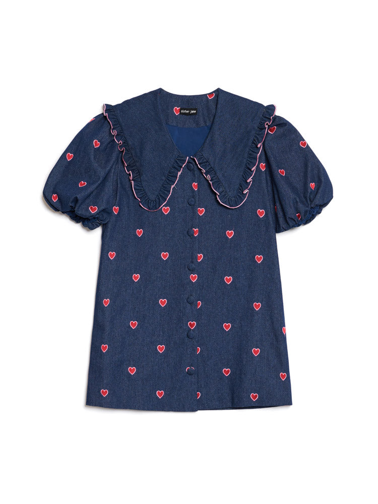 新作 英国発 Sister Jane 限定 Perfect Match Denim ヘアリボン Sister Jane Perfect Match Embroidered Hearts Denim Mini