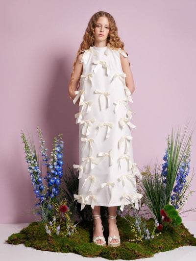 Snowdrop Bow Midi Dress Pearled White / Z