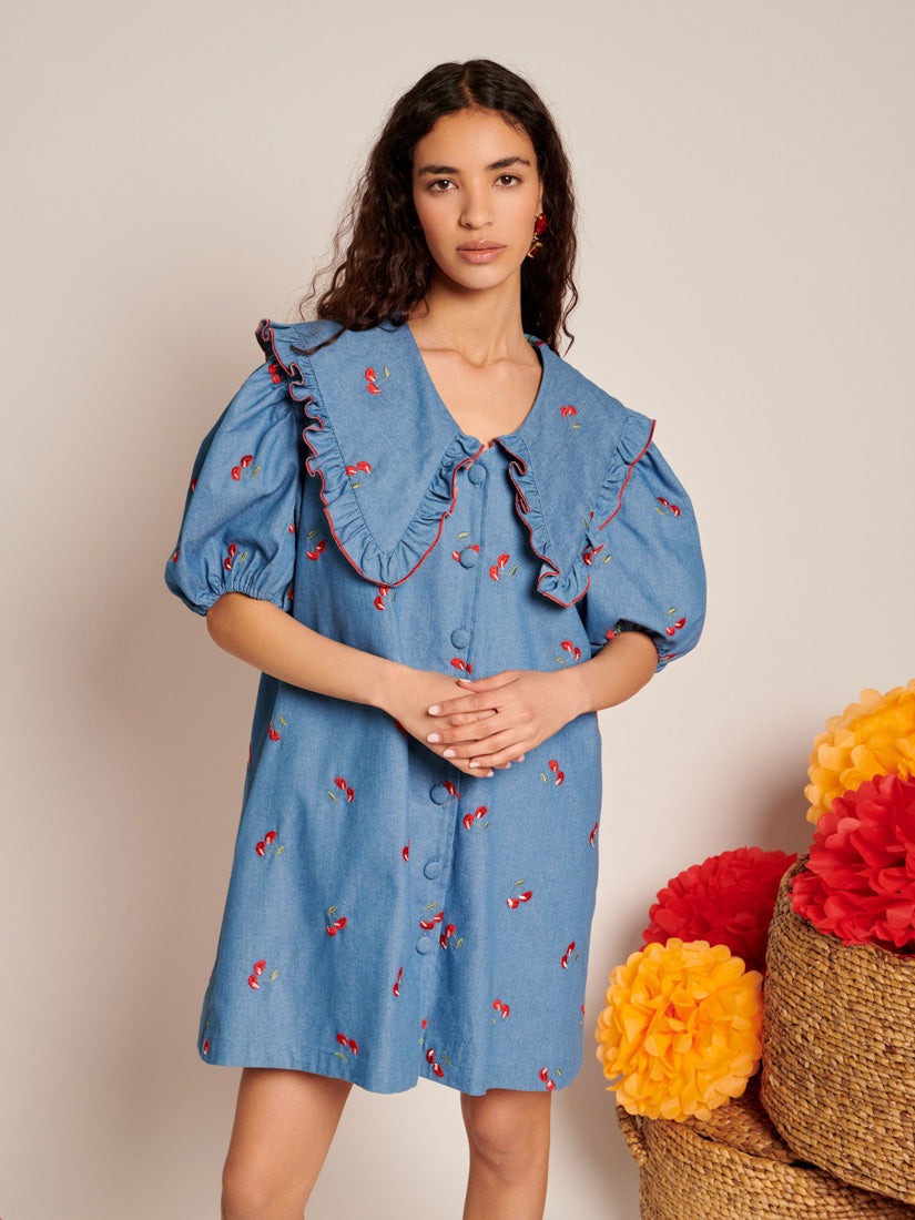 sister jane denim dress Sister Jane heart embroidered mini dress in denim blue