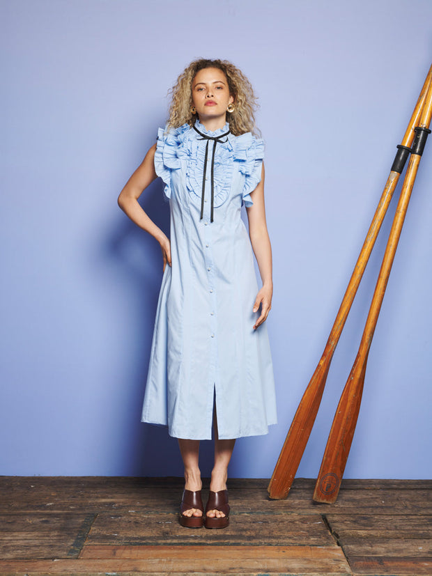 Glassy Ruffle Pleat Midi Dress