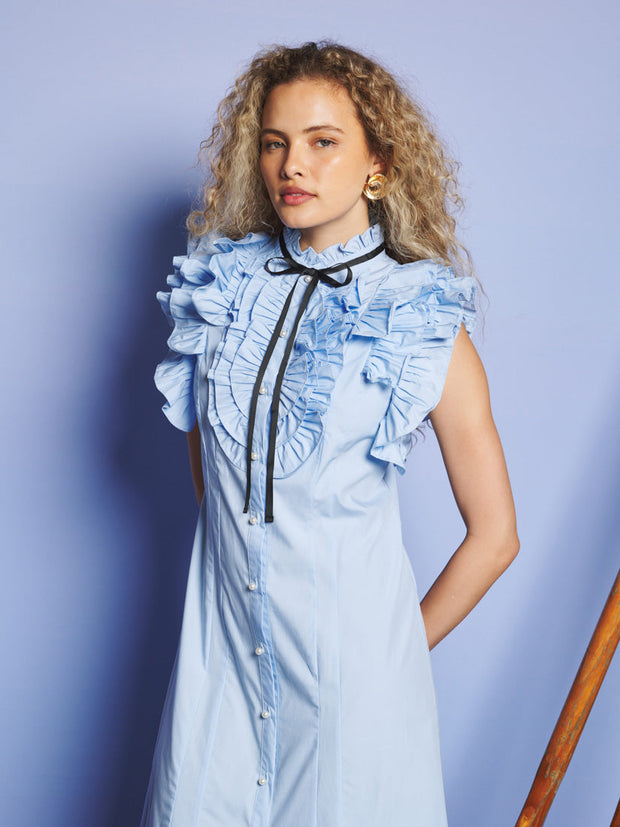 Glassy Ruffle Pleat Midi Dress Cornflower Blue / Z