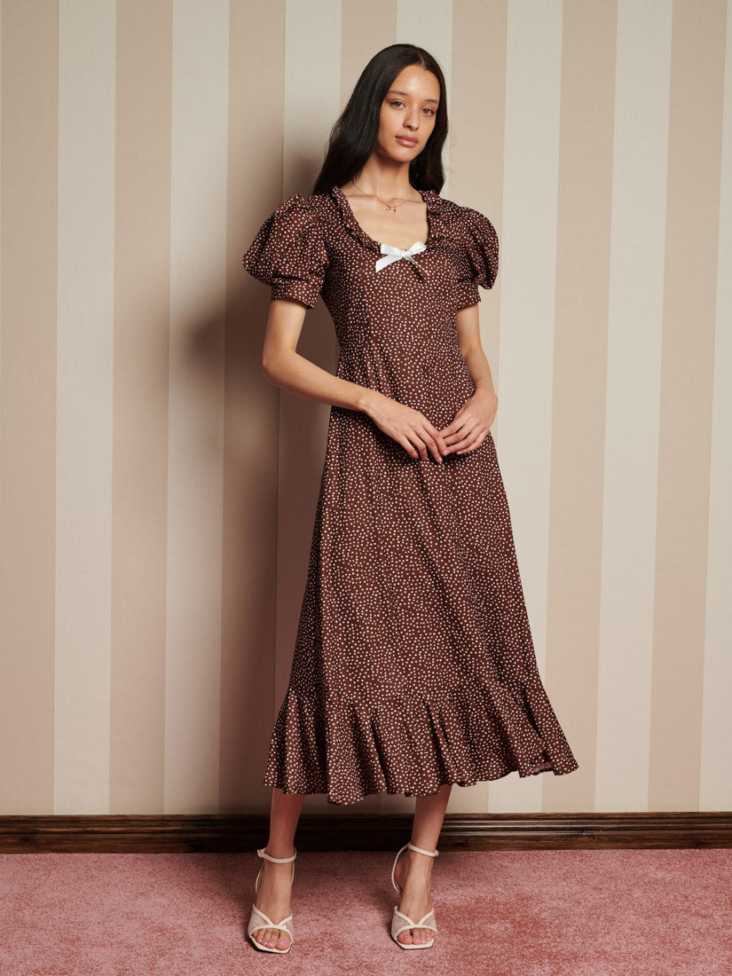 sister jane brown dress Sister Jane Suite puff-sleeve leopard-jacquard Midi Dress | Brown