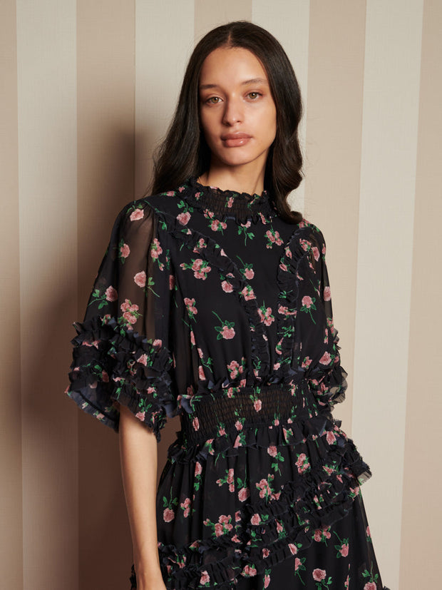 Rose Way Asymmetric Dress Floral Black / Z