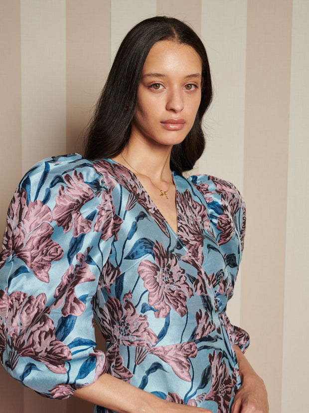 Deco Bloom Jacquard Mini Wrap Dress Blue & Pink Floral / Z