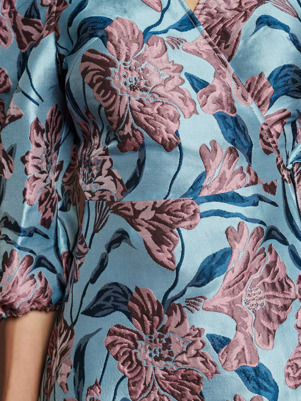 Deco Bloom Jacquard Mini Wrap Dress Blue & Pink Floral / Z