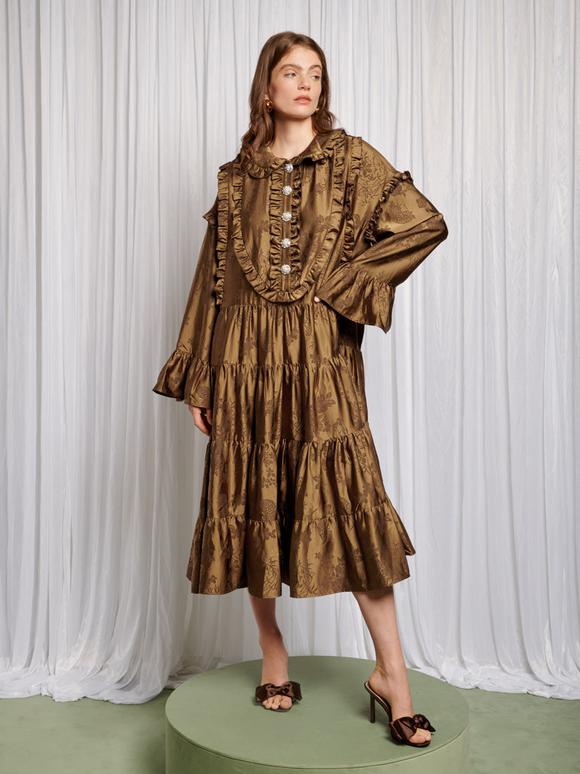 Helen Bib Jacquard Midi Dress Iced Chestnut / M+