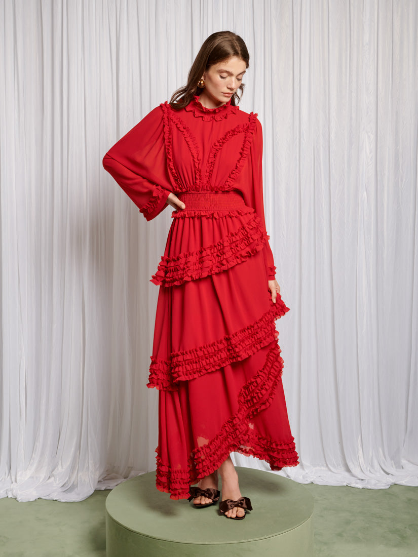 Augustine Maxi Ruffles Dress Burgundy Red / M