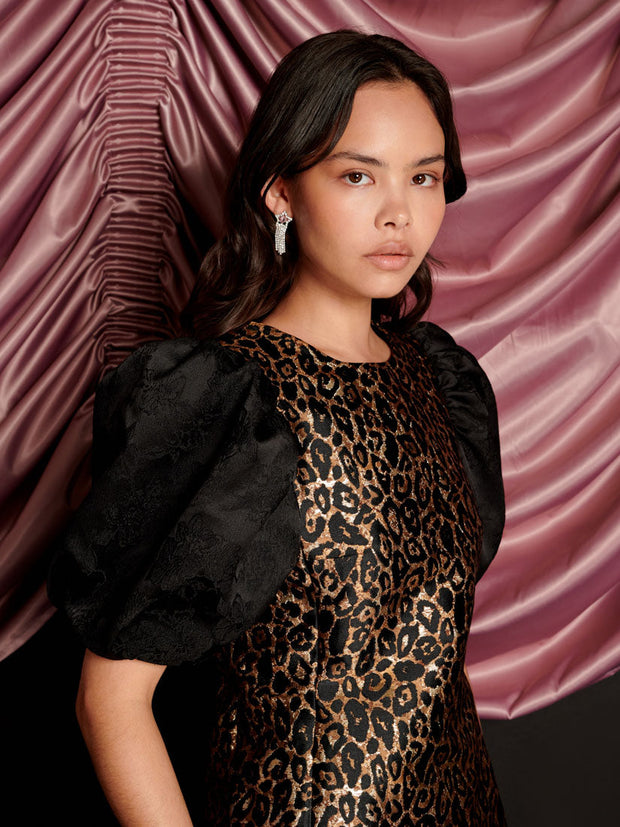 Cherie Leopard Jacquard Mini Dress Mahogany Brown / Z
