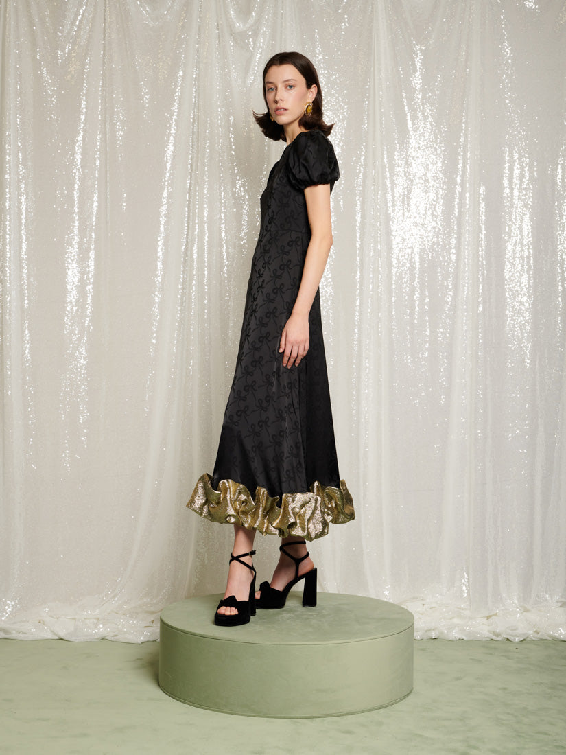Gilded Ruffle Midi Dress Coal Black & Gold / Z