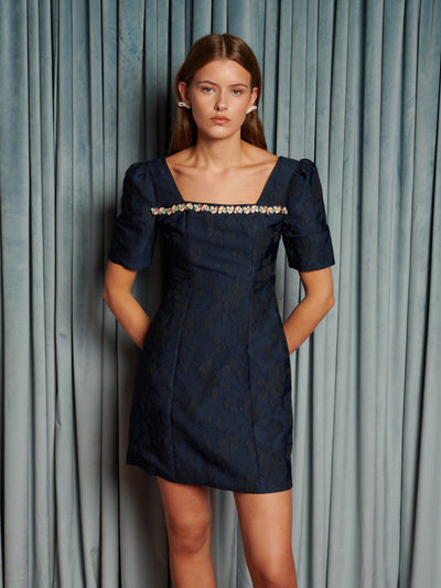 Frame Jacquard Mini Dress Navy Blue / Z