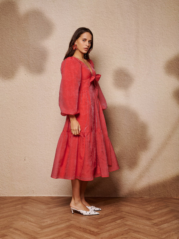 sister jane ruffle ready bow midi dress Sunrise Bow Midi Dress Ruby Red / M+