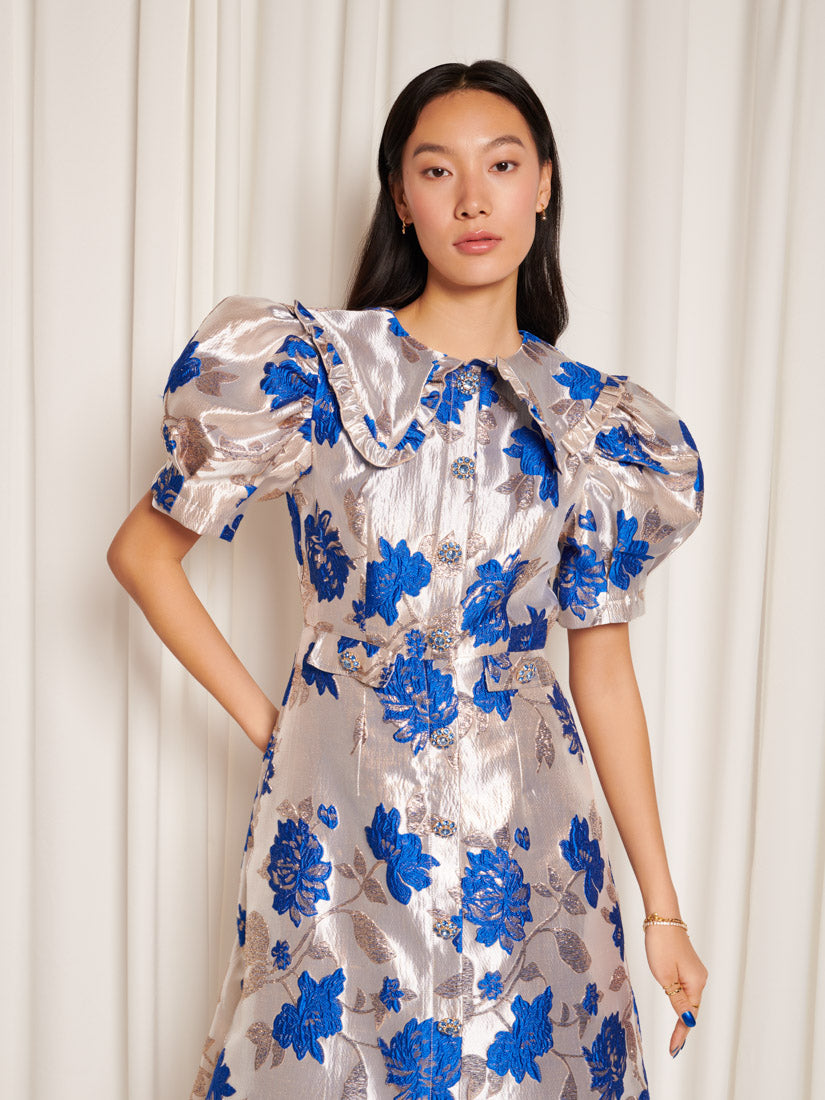 sister jane midi dress Sister Jane - Floral Jacquard Puff Sleeve Midi Dress - Women - Polyester - S