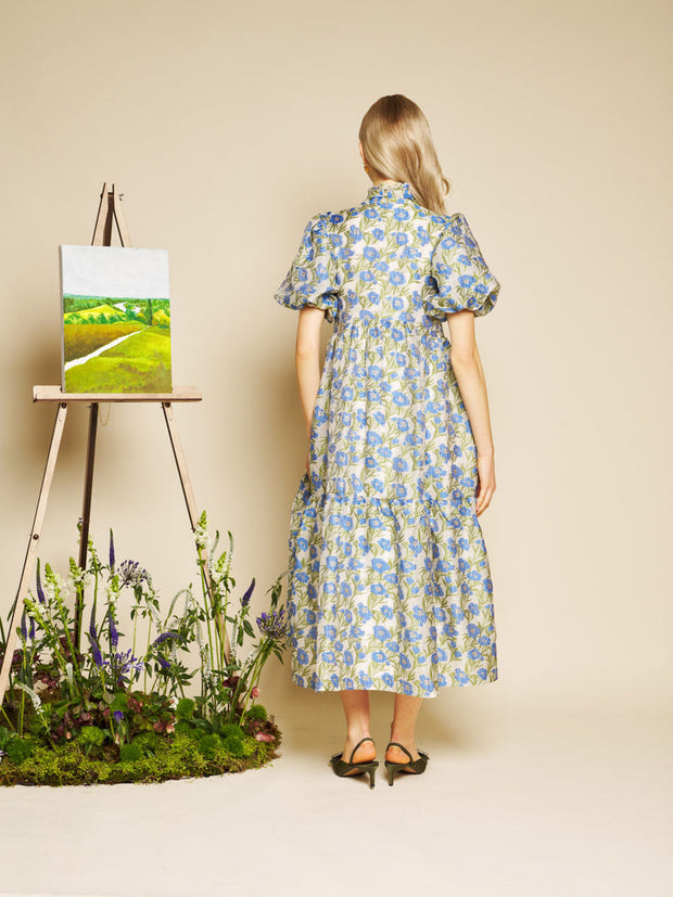 Iris Jacquard Midi Dress Leaf Green, Blue Floral / M