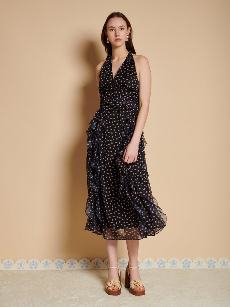 Painterly Polka Chiffon Midi Dress