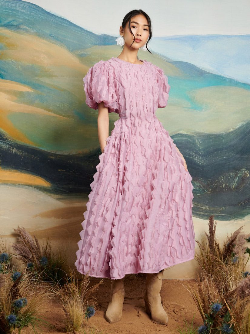 Pink ruffle midi dress hotsell