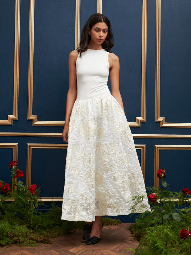 ivory floral jacquard bridal issy midi dress Ivory Floral Jacquard Satin Midi Dress | Womens | Large (Available in XS, S, M, XL) | 100% Polyester