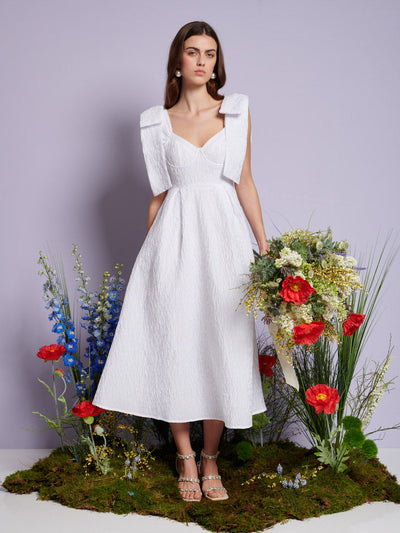 midi wedding dress with bow Bridal Off Shoulder Midi Dress with Bow Details Cream / S