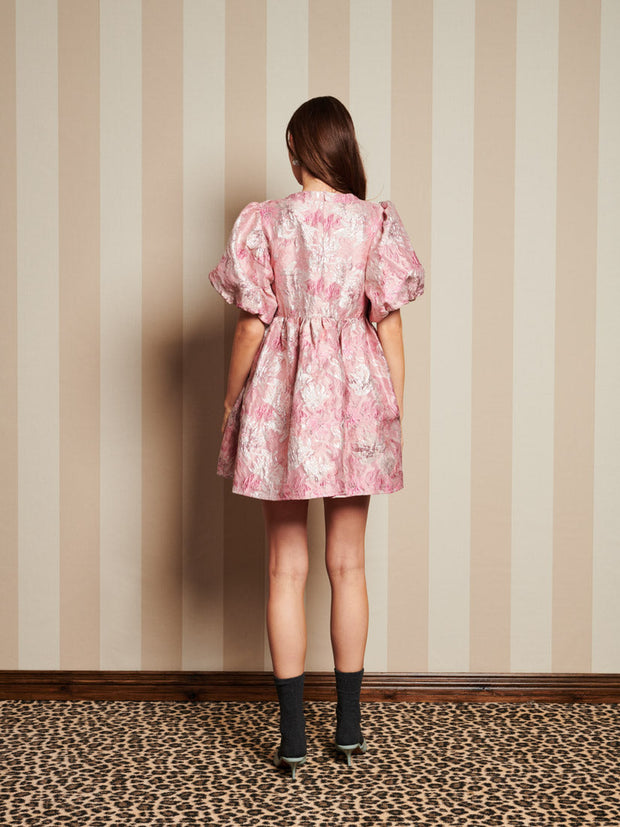 brailey jacquard mini dress - puff sleeve dress in pink Light Pink Floral Jacquard Mini Dress - All Dresses