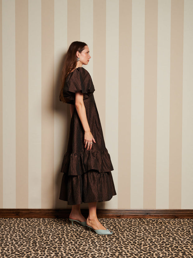 sister jane brown dress Sister Jane puff sleeve ruffle hem midaxi dress in chocolate bow print
