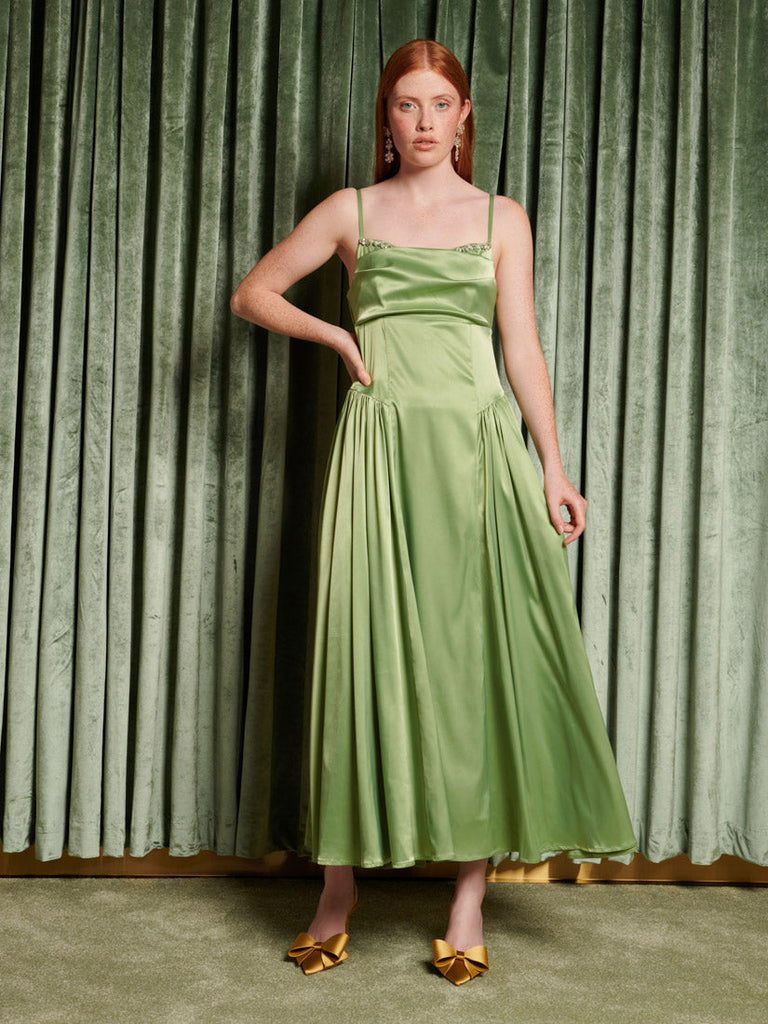 light green velvet dress DREAM Cinematic Satin Midi Dress Pistachio Green / M+