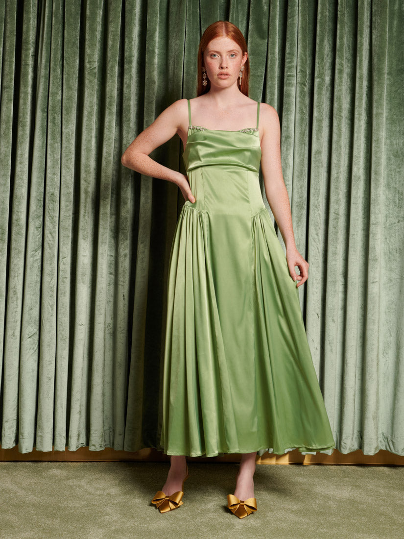 Dream Cinematic Satin Midi Dress Pistachio Green / L
