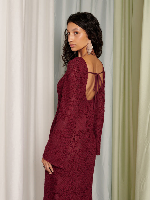 burgundy crochet maxi dress Burgundy Lace Maxi Dress With Crochet Top