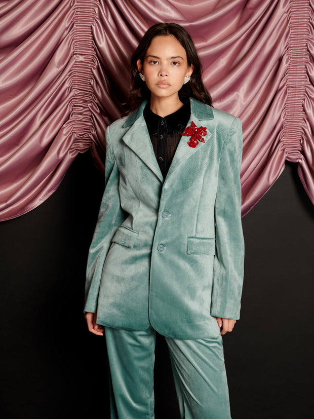 Elio Velvet Single Breasted Blazer Celadon Blue / Z