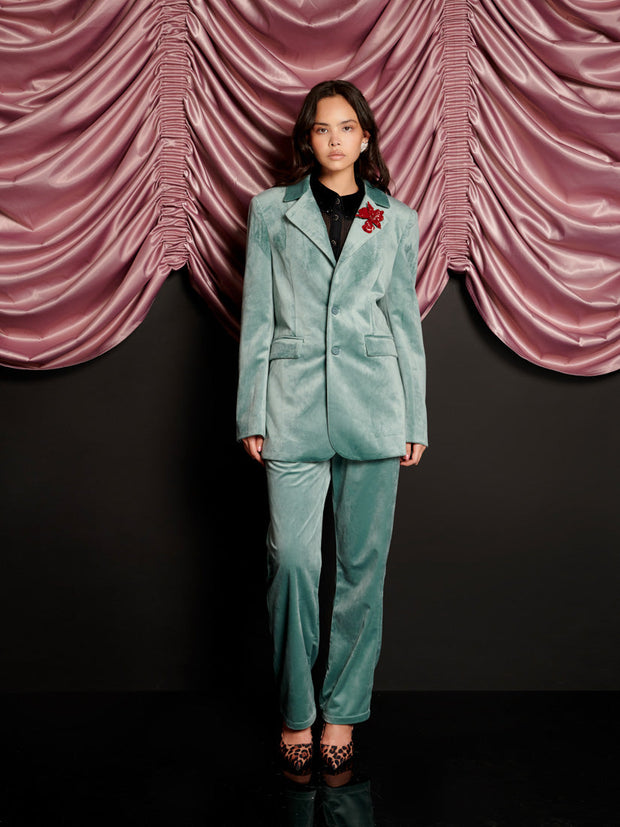 Elio Velvet Single Breasted Blazer Celadon Blue / Z