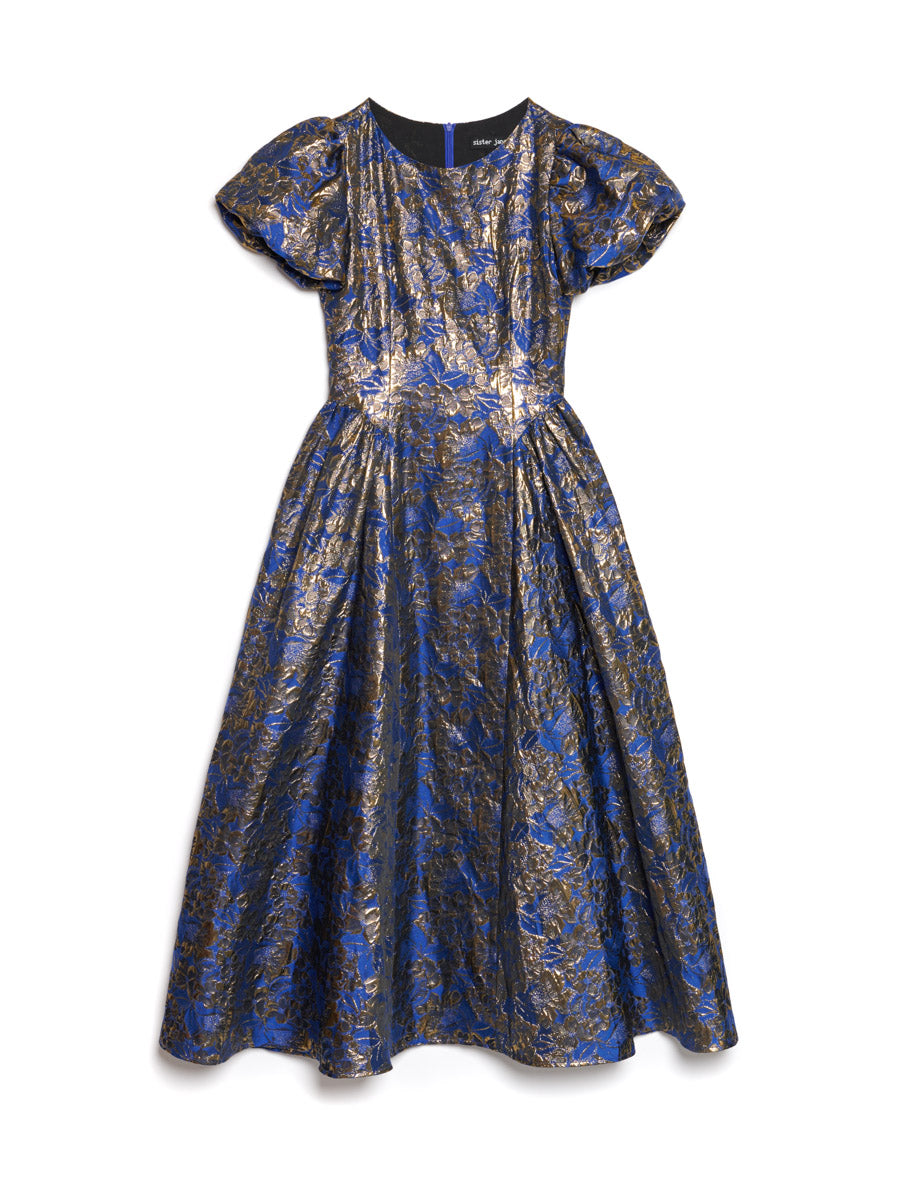 Matinee Jacquard Midi Dress Gold, Teal Blue / XS