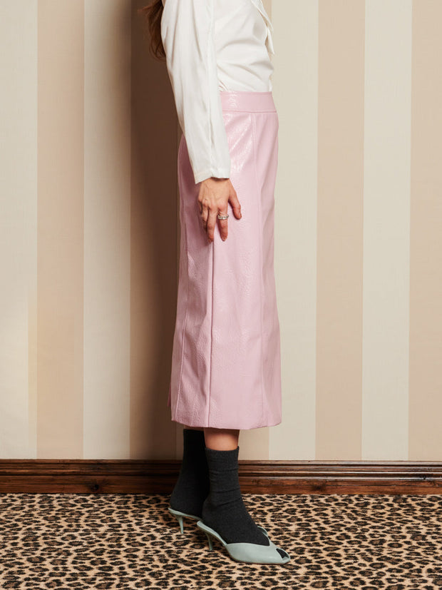 Rose-Spun PU Midi Skirt Baby Pink / Z