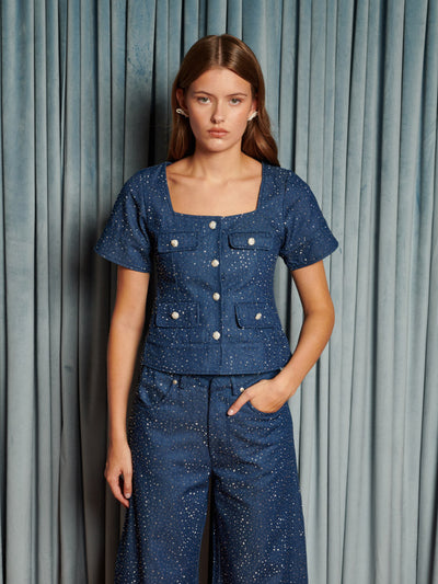 Daze Embellished Denim Top Indigo Blue / Z