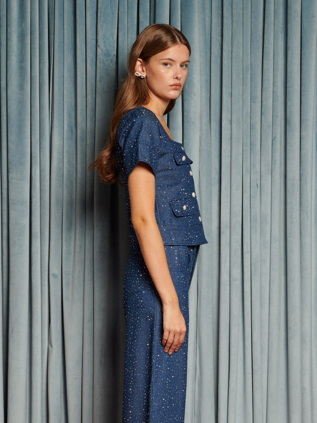 Daze Embellished Denim Top Indigo Blue / Z
