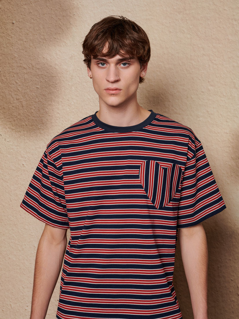THE TOÉ Battery Stripe Bijou Shirt THE TOE Battery Stripe Bijou Shirt Soleil Stripe Boxy T-shirt Red