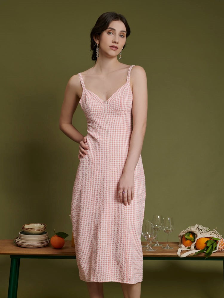 Pink gingham midi dress hotsell