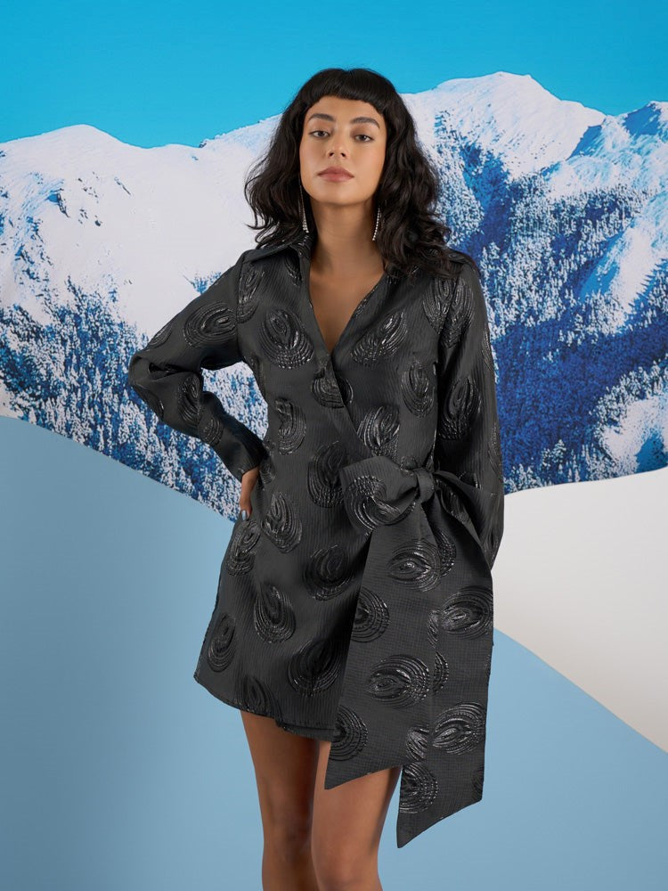<b> < b> Domino Jacquard Wrap Dress