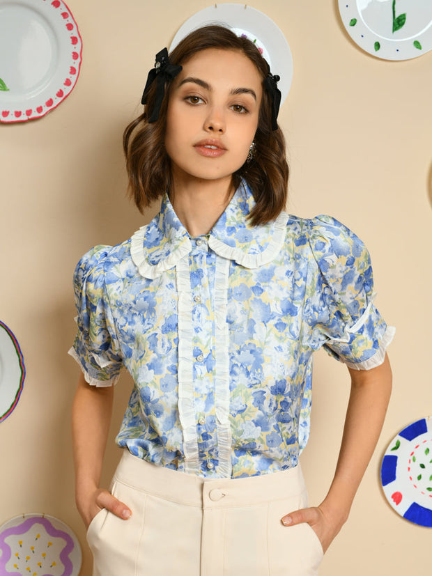 Sky Floral Ruffle Blouse